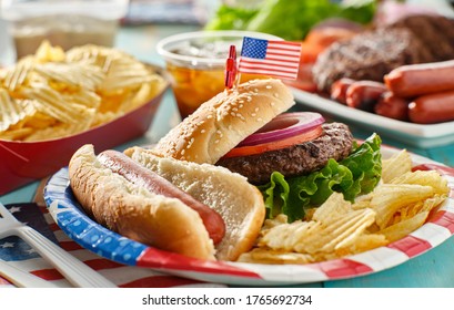 4th Of July Meal With Hamburger And Hot Dog