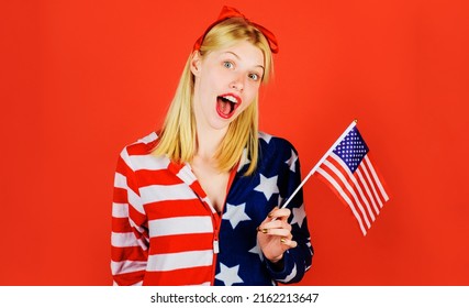 4th July. Smiling Girl With Flag Of United States. Independence Day Celebration. National Colors USA.