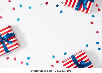 4th of July, USA Presidents Day, Independence Day, US election concept. Gift striped box with bow, star confetti on white background. Flat lay, top view, copy space, banner - Shutterstock ID 2311537193