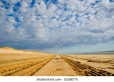 4WD Tracks Moving Into The Horizon On A Beach In Australia