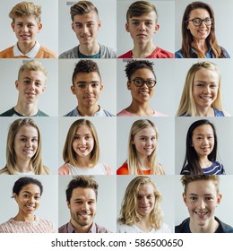 4x4 Collage Of Headshots Of High School Students And Teachers. They Are Wearing Casual And Formal Clothing And Are Smiling. 