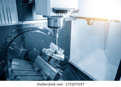 The  5 axis CNC milling machine cutting the  automotive parts with solid ball endmill tools. The hi-technology automotive part manufacturing process by 5 axis machining center.