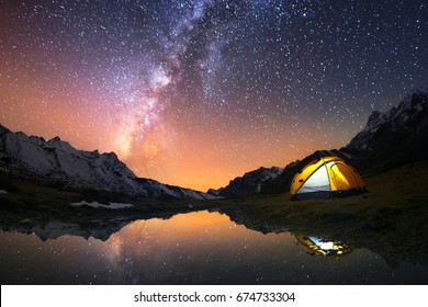 5 Billion Star Hotel. Camping in the mountains under the starry night sky. Nepal, Kanchenjunga region. 