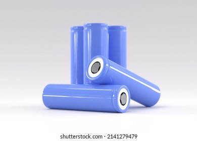 5 blue cylindrical batteries on a light gray background. Storage battery or secondary cell. Rechargeable li-ion batteries for electrical appliances and devices
