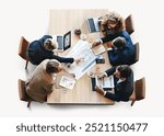 5 business people discussing in meeting with laptops and papers on the table, isolated on white background, teamwork, Overhead view shot. Business people planning on new project. Business concept.