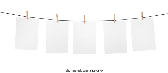 5 Clean Sheets On Clothesline With Clothespins Isolated On White Background