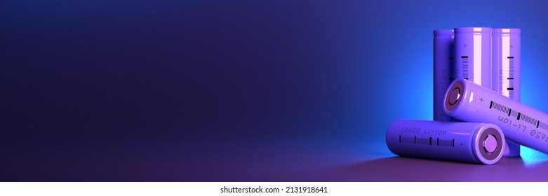 5 cylindrical li-ion batteries type 18650 on the table. Wide dark blue banner with space for text. Rechargeable lithium-ion batteries for electrical devices - Shutterstock ID 2131918641