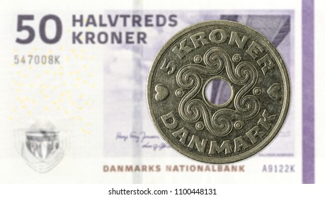 5 Danish Krone Coin Against 50 Danish Krone Note