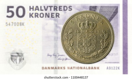 5 Danish Krone Coin Against 50 Danish Krone Note