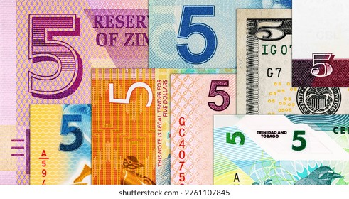 5 Dollar banknotes from different countries, featuring currency from the USA, Canada, Australia, New Zealand, Suriname, Liberia.
