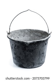 5 Gallon  Black Plastic Bucket Used For Mixing Concrete Isolated On White 