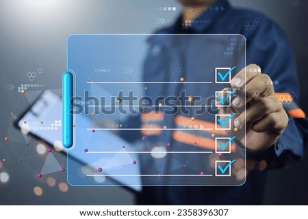 5 item check mark template. Engineer service staff holding clipboard and tick correct sign in check box to confirm inspection or checking item while factory machine preventive maintenance services