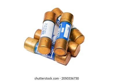 5 Large 50 Amp Electric Fuses On White Background