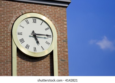 It's 5 O Clock Somewhere But It's 5:15 On My Clock On A Brick Tower With A Nice Blue Sky And A Small Cloud