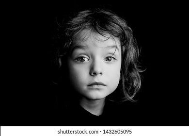 5 Year Old Boy With Long Hair Black And White Studio Portrait