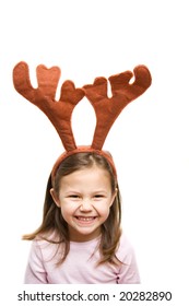 5 Years Old Girl Wearing A Reindeer Headband