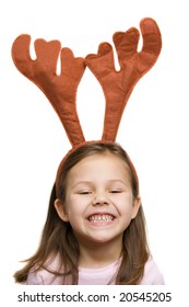 5 Years Old Girl Wearing A Reindeer Headband