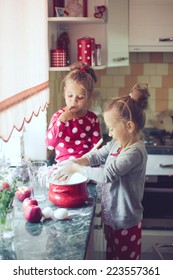 5 Years Old Twins Cooking Holiday Pie In The Kitchen, Casual Lifestyle Photo Series In Real Life Interior