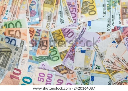 50 100, 200 and 500 euros bills currency banknotes as finance background. European paper money backdrop. Investment and saving concept