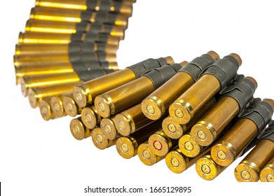 50 Caliber machine gun cartridges in ammunition belt against white background