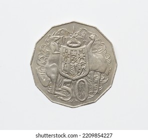 50 Cents Coin Made By Australia, That Shows Kangaroo, Emu And Coat Of Arms