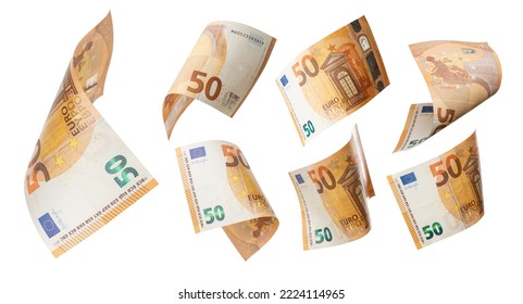 50 euros volando sobre fondo blanco. Billetes de la Unión Europea en diferentes ángulos