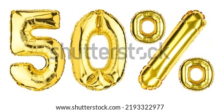50 Fifty Percent % balloons. Sale, Clearance, discount. Yellow Gold foil helium balloon. Word good for store, shop, shopping mall. English Alphabet Letters. Isolated white background.
