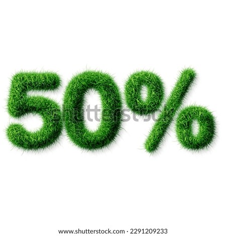 A 50% fifty percent with grass on a white background, eco text effect, isolated number with grass effect high quality, sale 50% off