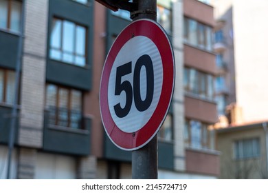 50 kilometers per hour speed limit sign.  Red warning traffic sign. - Shutterstock ID 2145724719