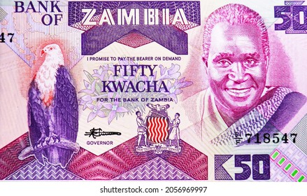 50 Kwacha Banknote, Bank Of Zambia, Closeup Bill Fragment Shows President Kaunda And Flowers, And Fish Eagle, Issued 1980