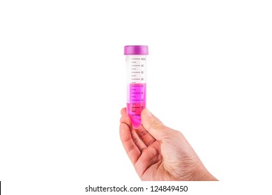 50 Ml Centrifuge Tube Hold By Hand Studio Shoot Isolated With White Background