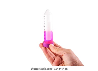 50 Ml Centrifuge Tube Hold By Hand Studio Shoot Isolated With White Background