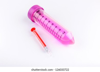 50 Ml Centrifuge Tube  With Red Solution And Syringe Studio Shoot