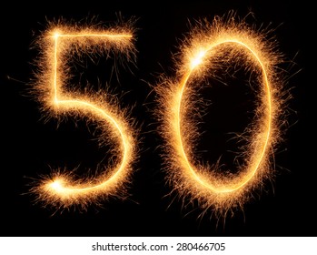 "50" number drawn with bengali sparkles isolated on black background