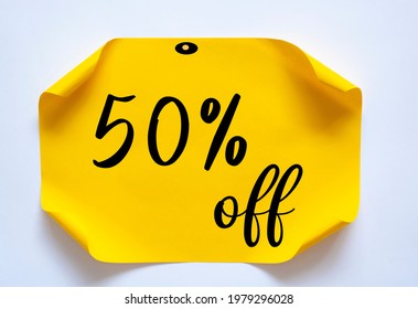 50% OFF Discount Sticker. Sale Yellow Tag Isolated. Discount Offer Price Label