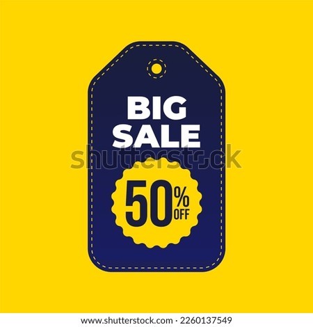 50 percent discount. Price tag with blue gradient and yellow banner.