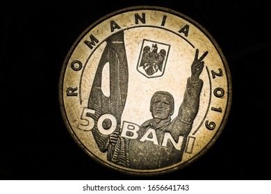 50 Romanian Bani Coin Close-up. Romanian Revolution 1989