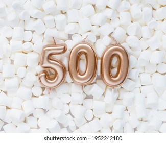 500 followers card. Template for social networks, blogs. Background with white marshmallows. Social media celebration banner. 500 online community fans. five hundred subscriber