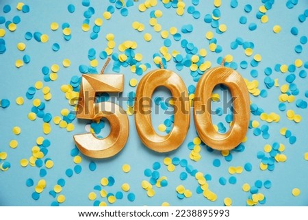 500 followers card. Template for social networks, blogs. yellow and blue confetti Background. Social media celebration banner. 500 online community fans. five hundred subscriber