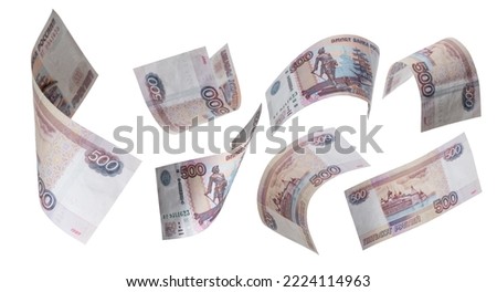 500 Rubles flying on white background. Russian banknotes at different angles.
