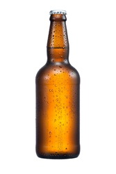500ml Brown Beer Bottle With Drops Isolated Without Shadow On A White Background With Work Path