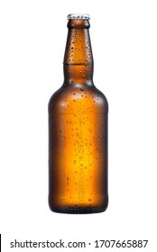 500ml Brown Beer Bottle With Drops Isolated Without Shadow On A White Background With Work Path