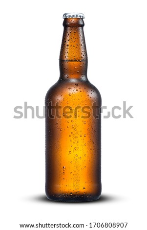 500ml brown beer bottle with drops isolated on a white background with work path