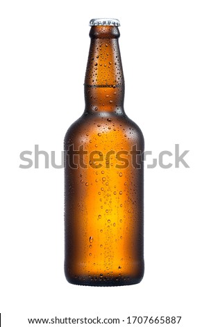 500ml brown beer bottle with drops isolated without shadow on a white background with work path