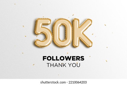 50k followers celebration. Social media achievement poster. Followers thank you lettering. Golden sparkling confetti ribbons. White background - Shutterstock ID 2210064203