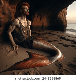 50mm lens photo of a young fit freckled ginger merman. he is wearing a dirty tank top. he is sitting, leaning back, dragging himself backwards with his arms along the shallows of a cave opening on the shore. he is gritting his teeth, eyes shut, grasping