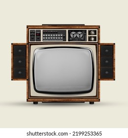 50s, 60s Fashion Style. Fictional, Created Model Of Retro Tv Set With Blank Grey Screen Isolated Over White Background. Vintage, Ad, Fashion Cycle, Mockup For Text Or Design