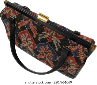 50s 60s Vintage Tapestry Needlepoint Purse Bag Isolated On White