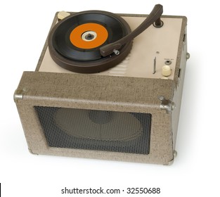 50s Era Phonograph Playing A 45 Single Vinyl Record Isolated On A White Background With Clipping Path