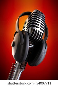 50's microphone with headphones with a red background & clipping path included for those who need a different background.